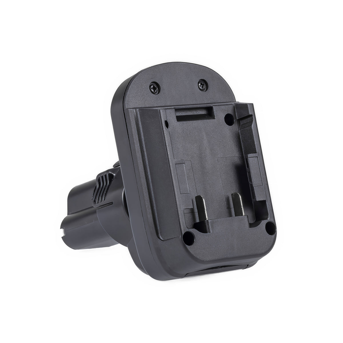 Milwaukee M18 to Makita 10.8V CXT battery adapter - battery-side connection with the guide channel and terminal blades