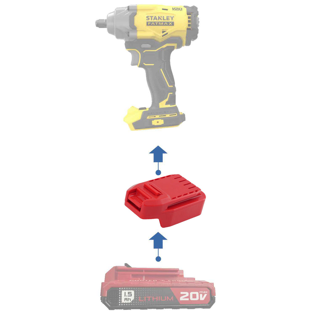 Porter Cable 20V to Stanley V20 battery adapter - compatibility diagram showing battery, adapter and impact wrench