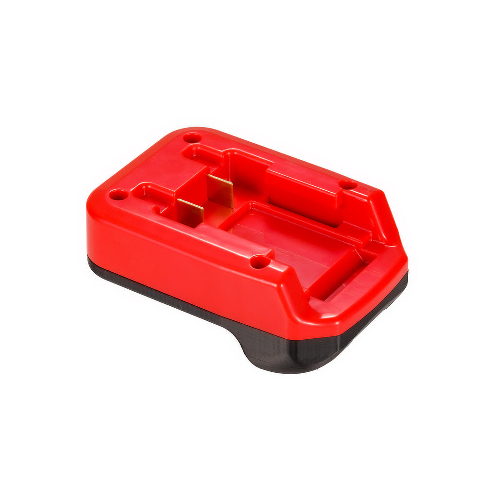 Porter Cable 20V to Masterforce 20V battery adapter - battery-side connection, twin copper blades, rails and screw holes