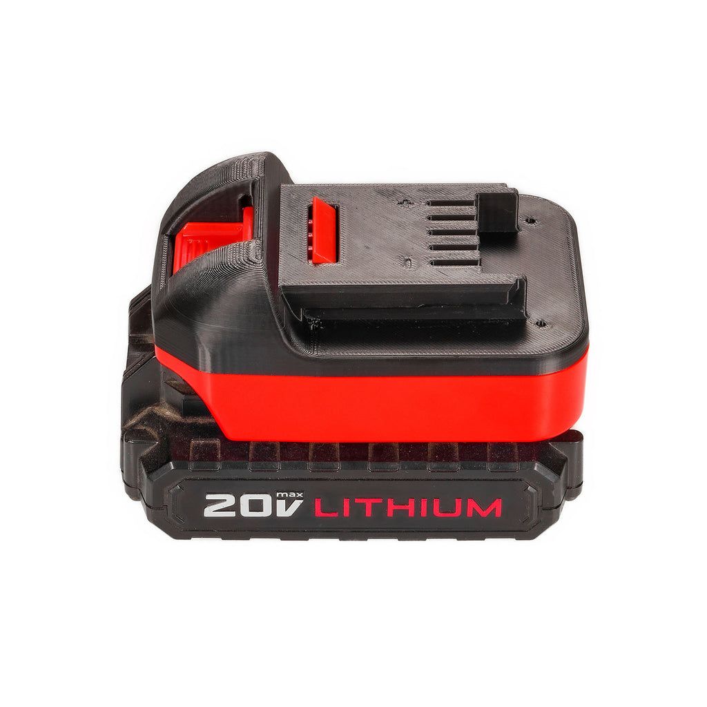 Porter Cable 20V to Masterforce 20V battery adapter - fitted to the battery, Masterforce tool-side connection facing up
