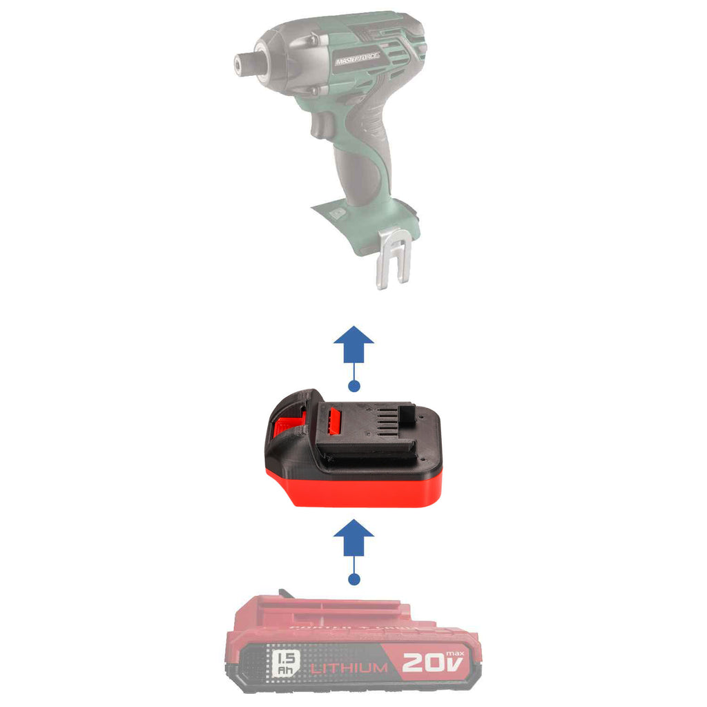 Porter Cable 20V to Masterforce 20V battery adapter - compatibility diagram showing battery, adapter and impact driver