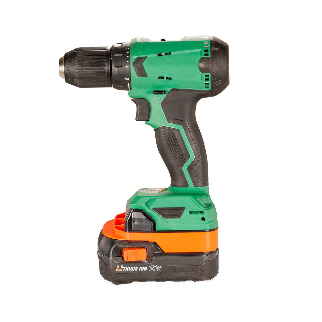 RIDGID 18V to Metabo HPT 18V battery adapter - installed on a Metabo HPT drill with the RIDGID battery attached