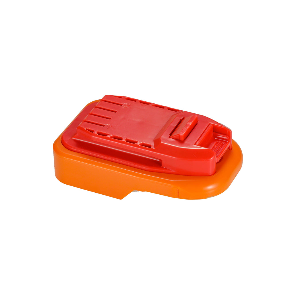 AEG 18V to Craftsman 20V battery adapter - Craftsman tool-side face with its rail and latch over the orange body