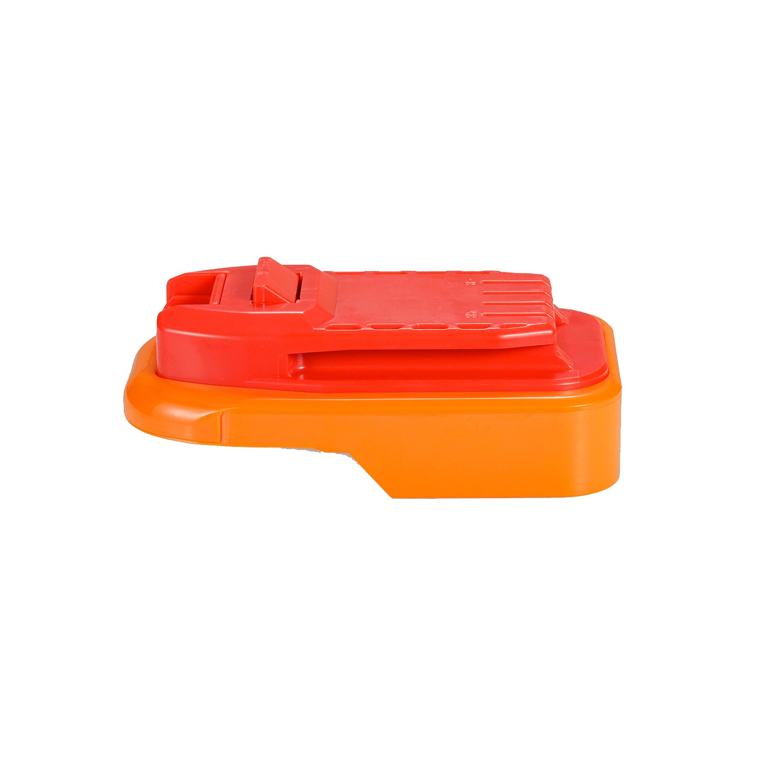 AEG 18V to Craftsman 20V battery adapter - side view, red tool side over the orange battery-side body