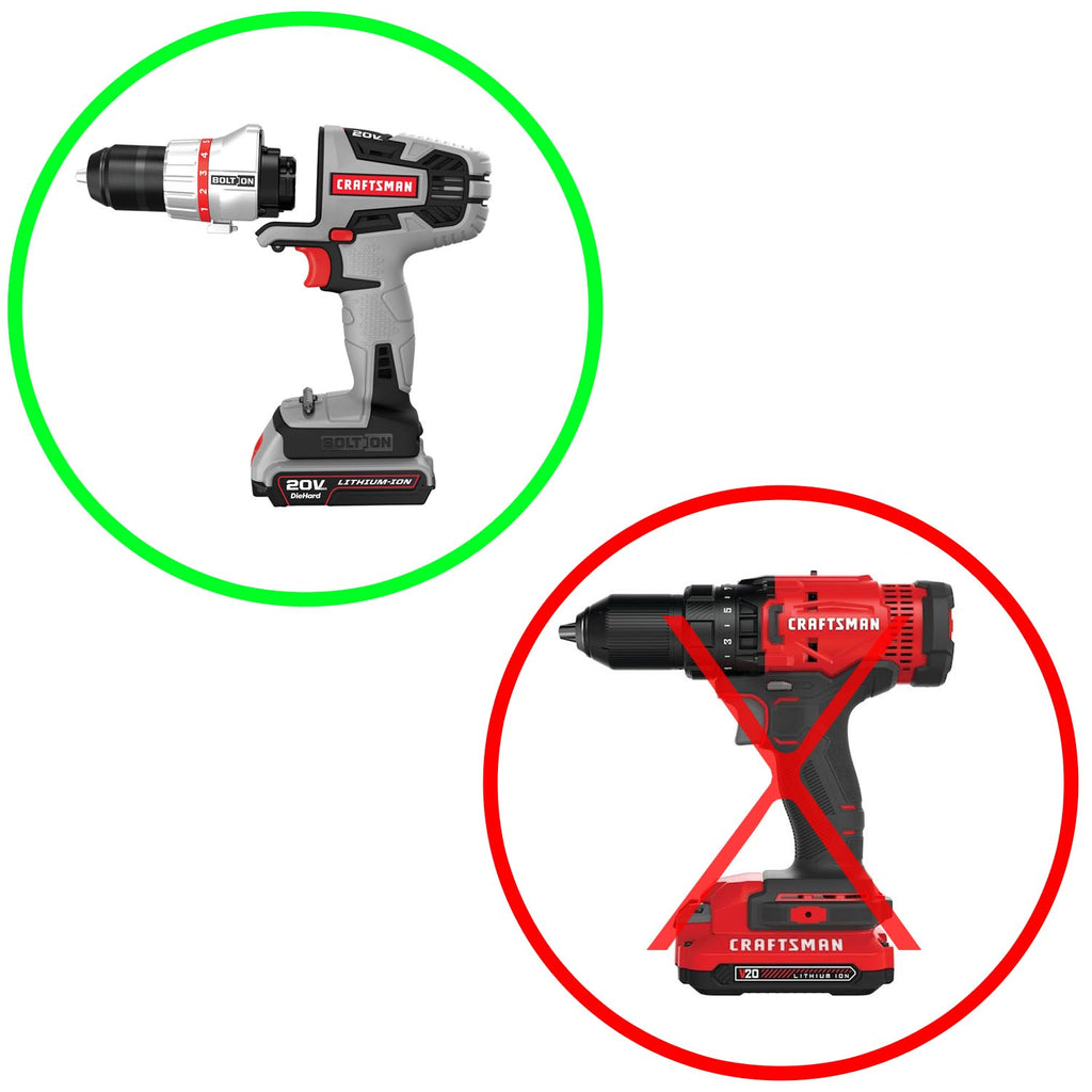 RIDGID 18V to Craftsman 20V Bolt-On battery adapter - compatibility graphic with a cordless drill and its pack fitted