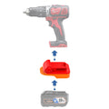 RIDGID 18V to Milwaukee M18 battery adapter - compatibility diagram showing battery, adapter and hammer drill