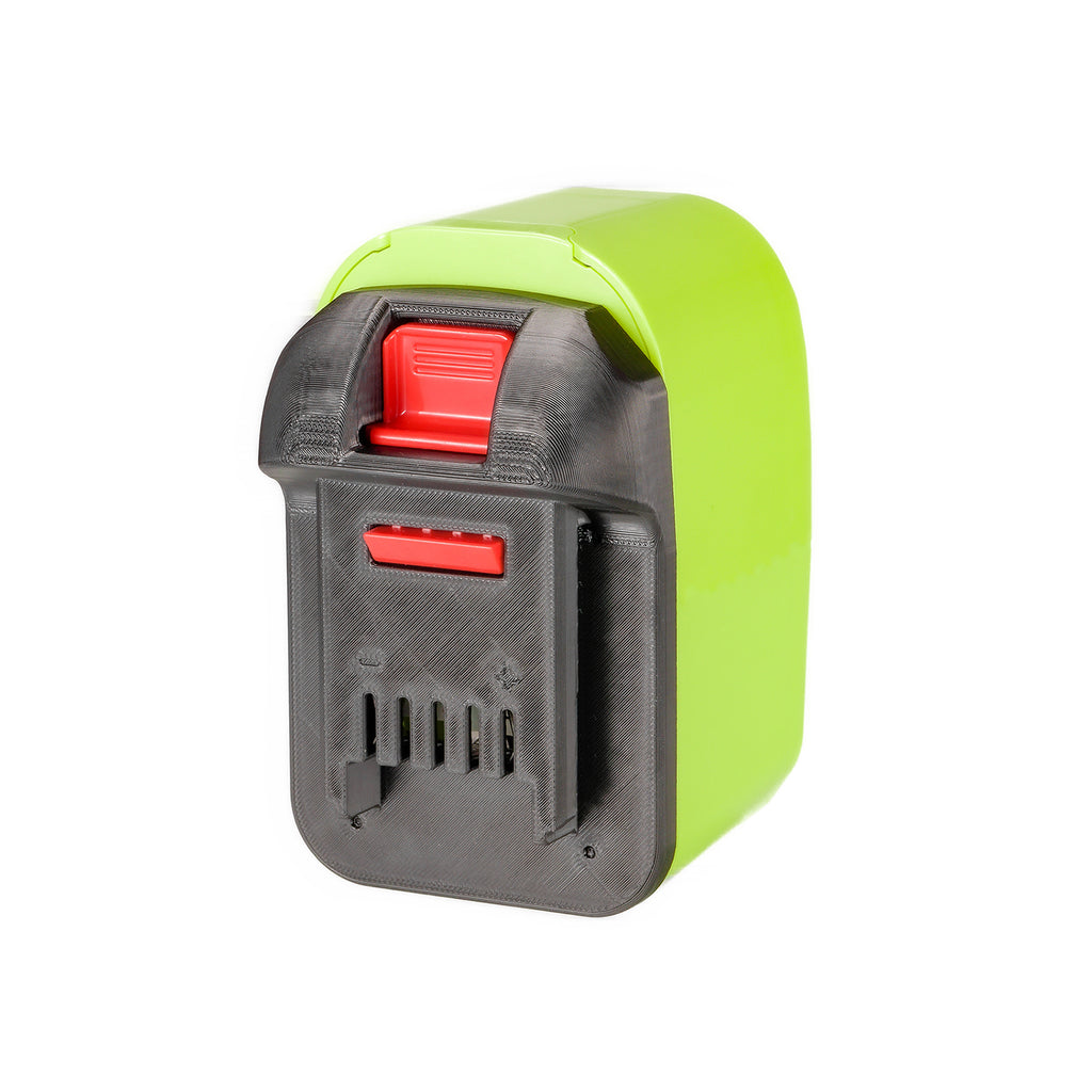 Ryobi 18V ONE+ to Masterforce 20V battery adapter - Masterforce tool-side connection, terminal slots with polarity marks