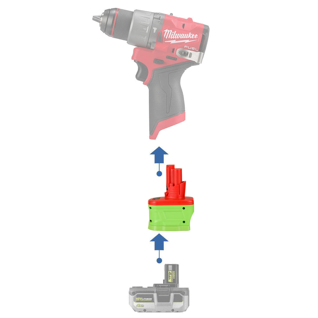 Ryobi 18V ONE+ to Milwaukee M12 battery adapter - compatibility diagram showing battery, adapter and hammer drill