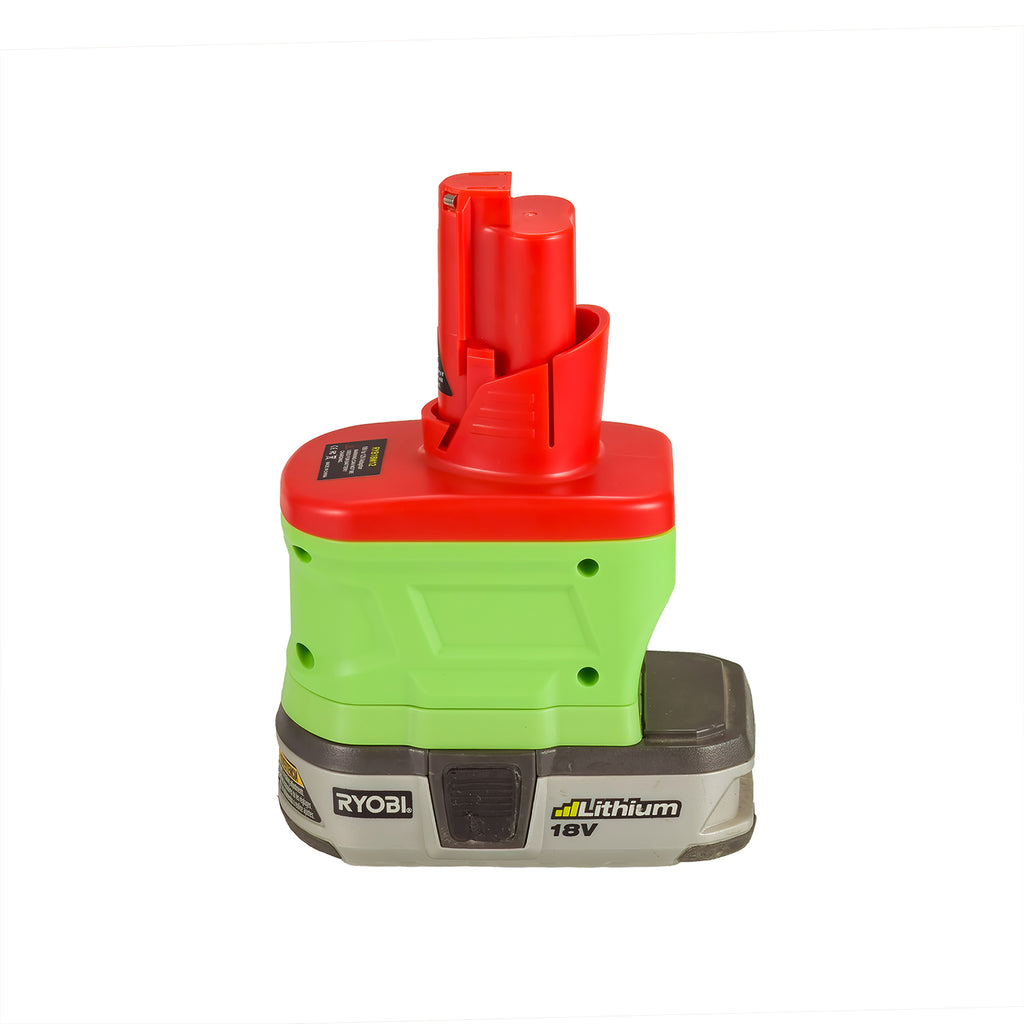 Ryobi 18V ONE+ to Milwaukee M12 battery adapter - fitted to the Ryobi 18V ONE+ battery, Milwaukee tool-side stem upward