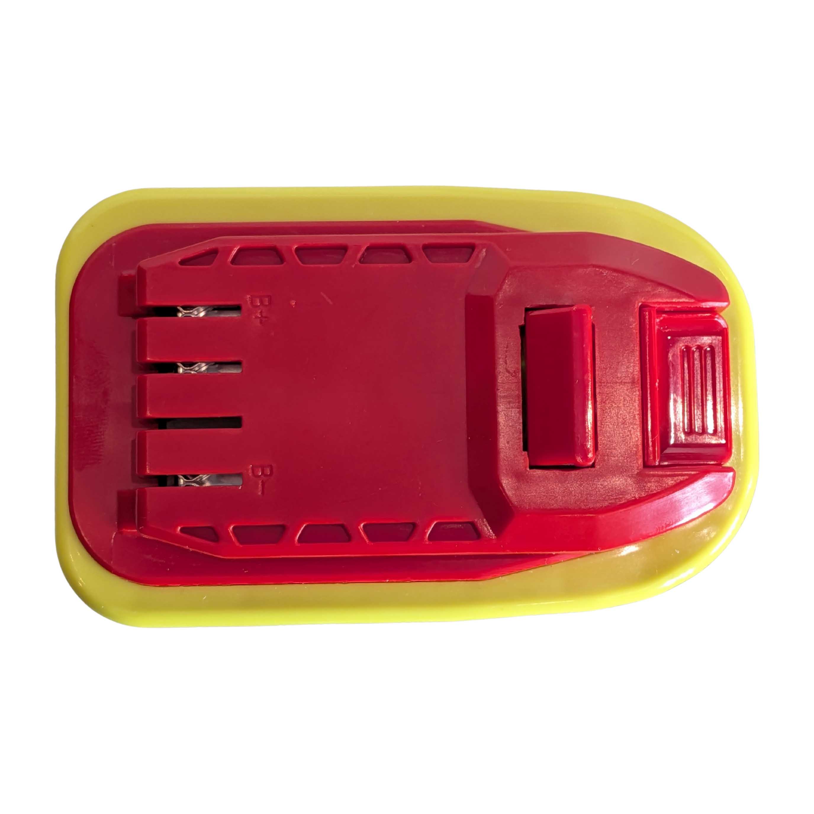 Ryobi 18V ONE+ to Stanley V20 battery adapter - tool-side connection, copper contacts and moulded polarity marks