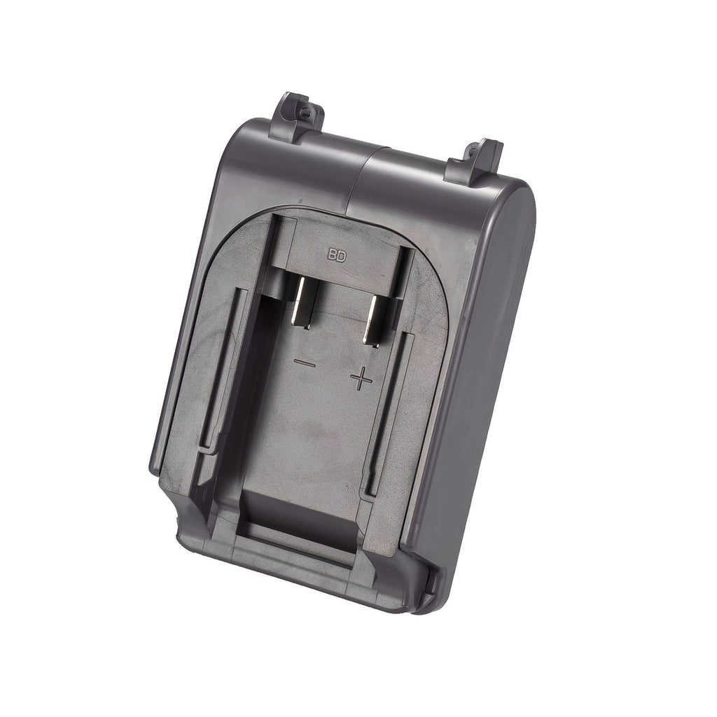 Black and Decker 20V to Dyson V7 battery adapter - battery-side connection, twin copper blades and molded polarity marks