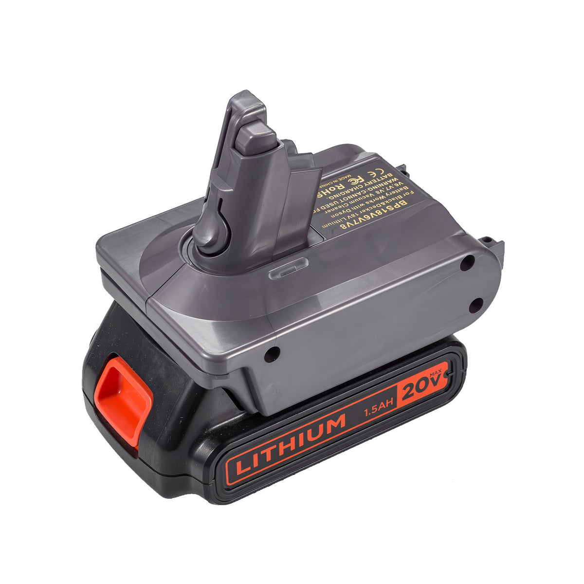 Black and Decker 20V to Dyson V7 battery adapter - fitted to the Black and Decker 20V battery, Dyson tool-side stem upward