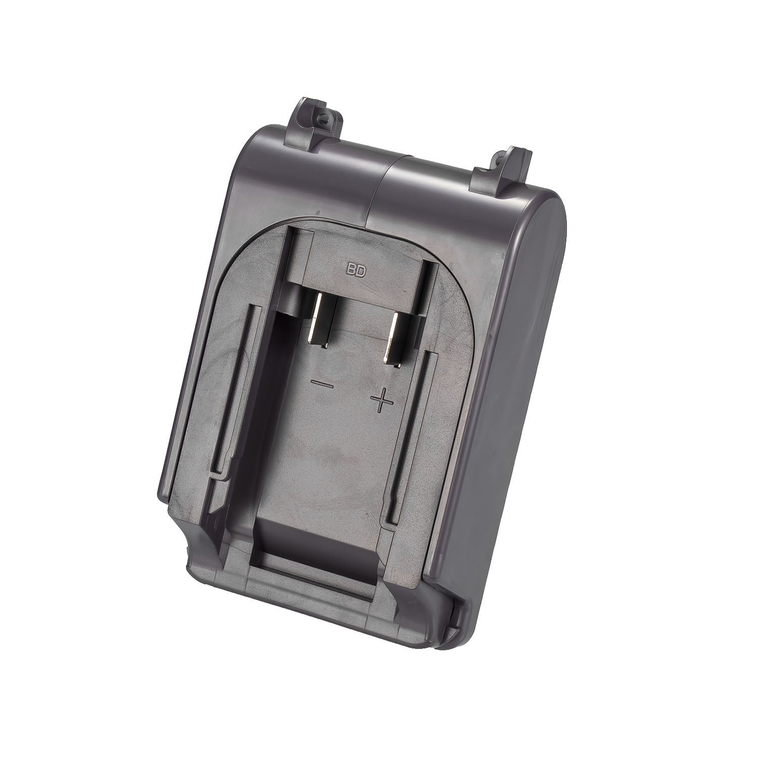 Black and Decker 20V to Dyson V8 battery adapter - battery-side connection, twin copper blades and molded polarity marks
