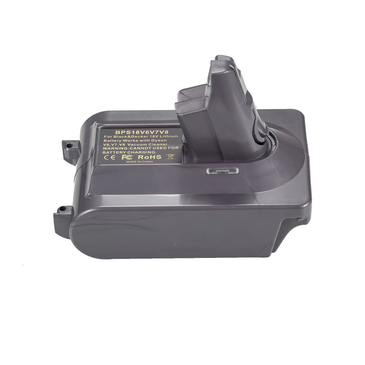 Black and Decker 20V to Dyson V8 battery adapter - Dyson tool-side connection from above, hooked stem and printed spec label