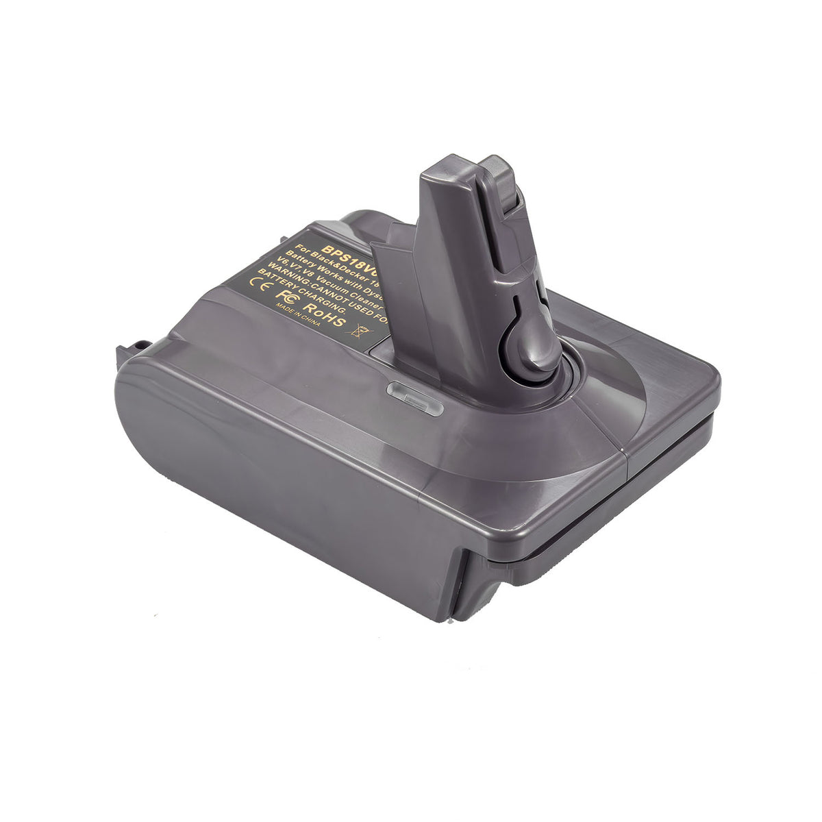 Black and Decker 20V to Dyson V8 battery adapter - Dyson tool-side connection, hooked stem and printed spec label