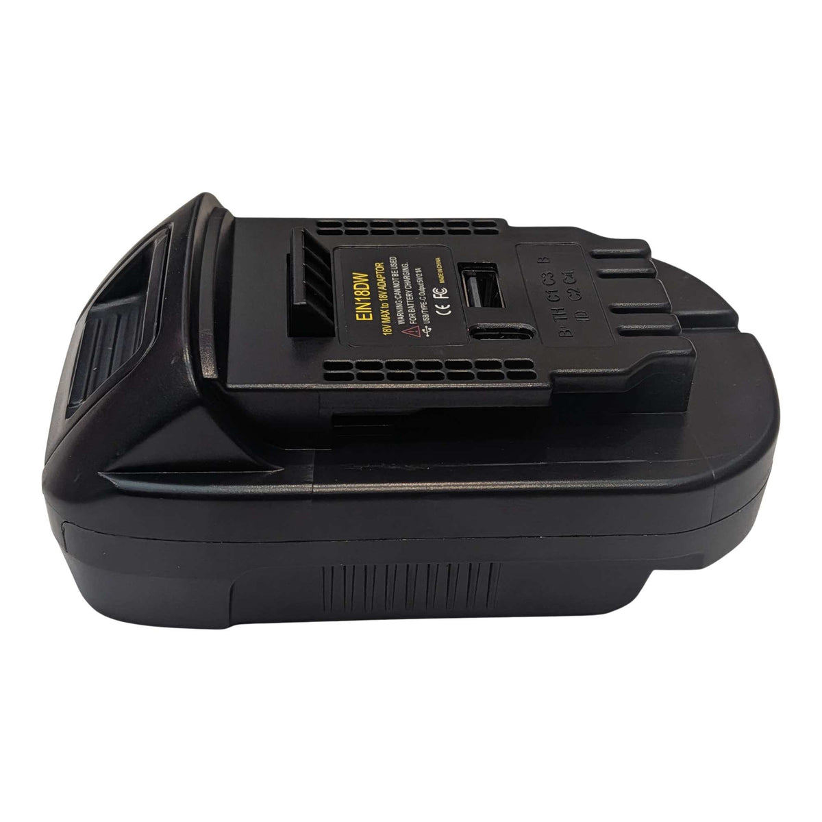 Einhell 18V PXC to DeWalt 20V MAX battery adapter - side view, DeWalt tool-side connection and USB ports on the upper face