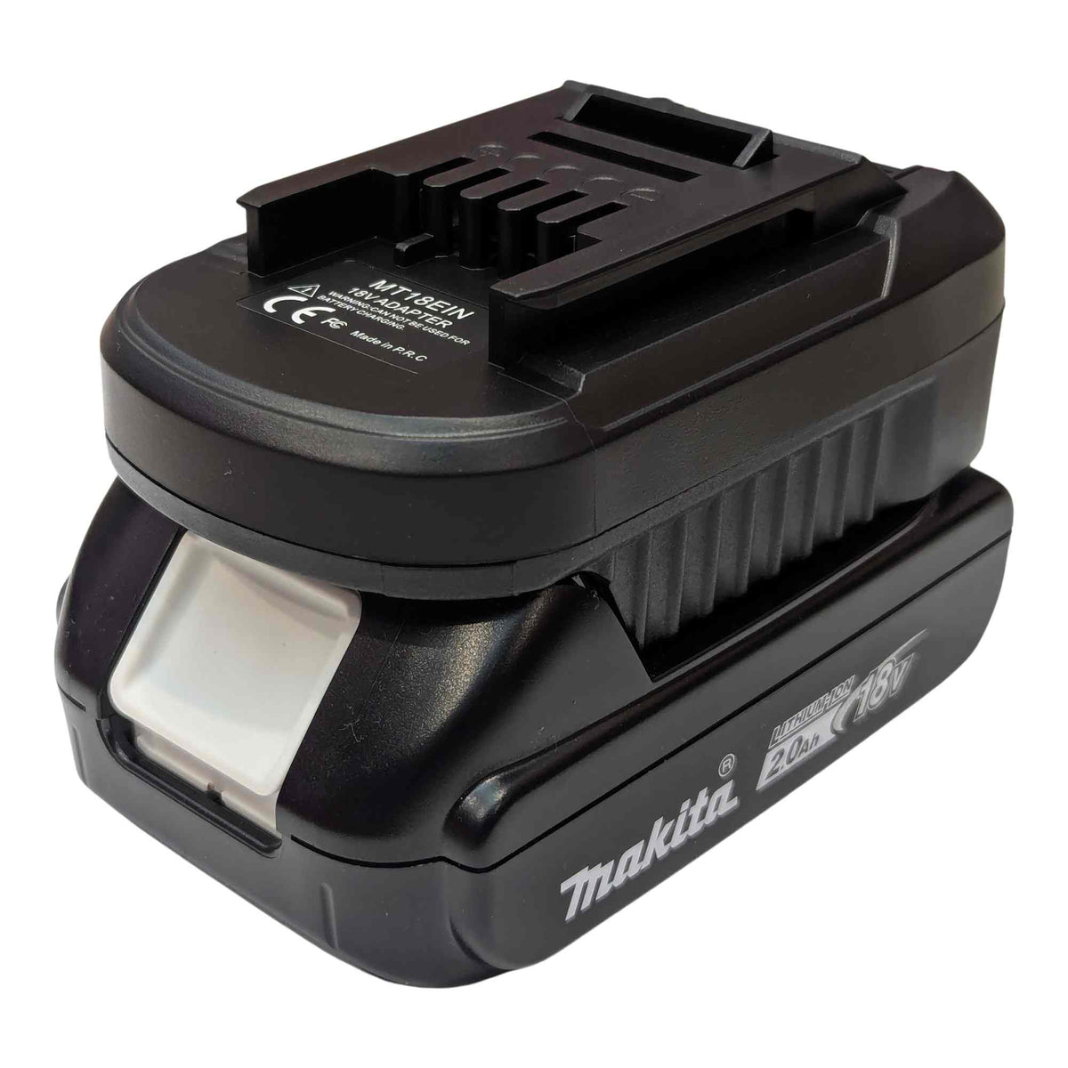 Makita 18V LXT to Ozito 18V PXC battery adapter - fitted to the Makita 18V LXT battery, Ozito tool-side connection upward