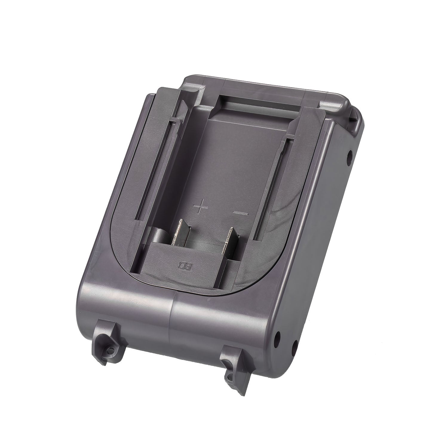 Porter Cable 20V to Dyson V6 battery adapter - battery-side connection, twin copper blades and molded polarity marks