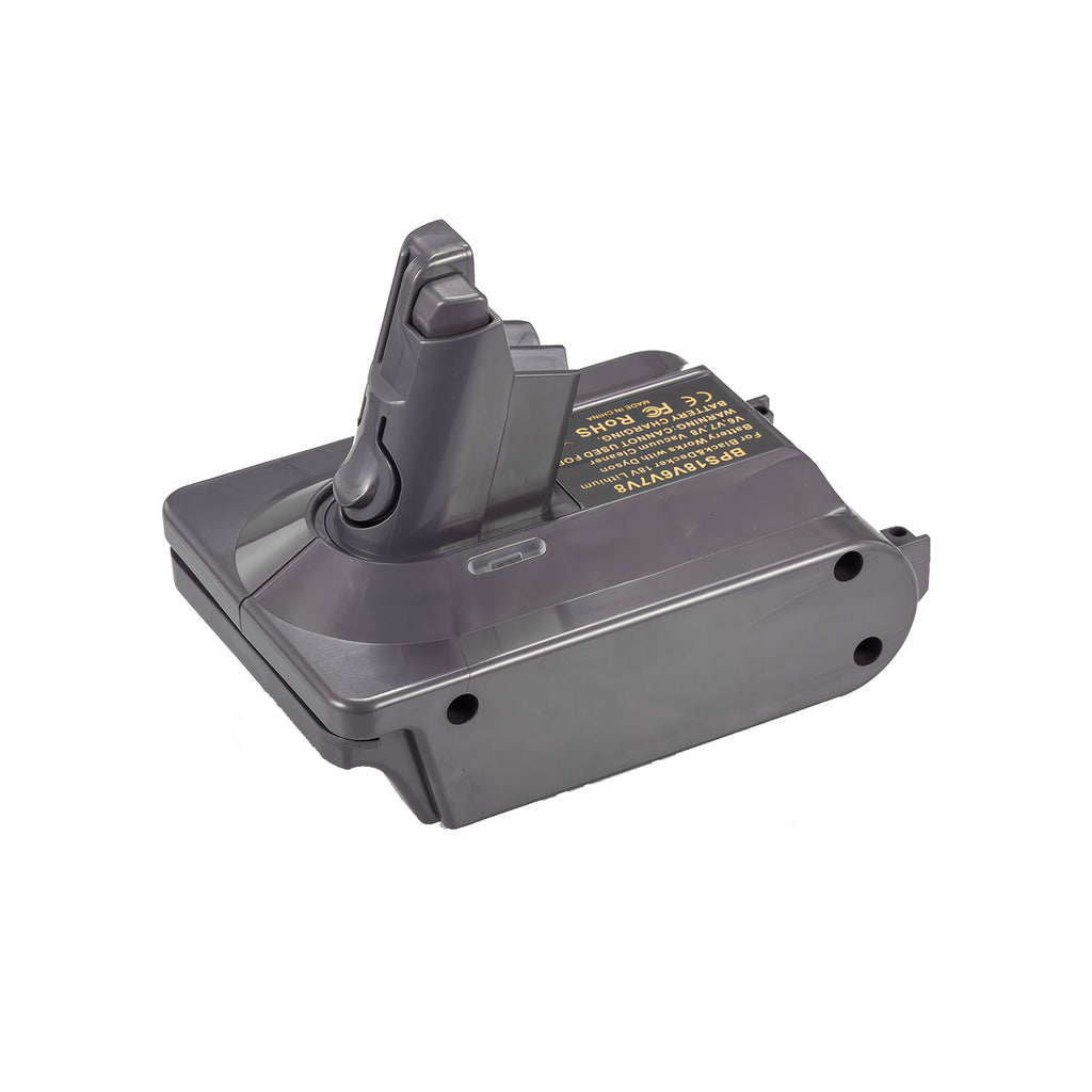 Porter Cable 20V to Dyson V6 battery adapter - Dyson tool-side connection, hooked stem and printed spec label