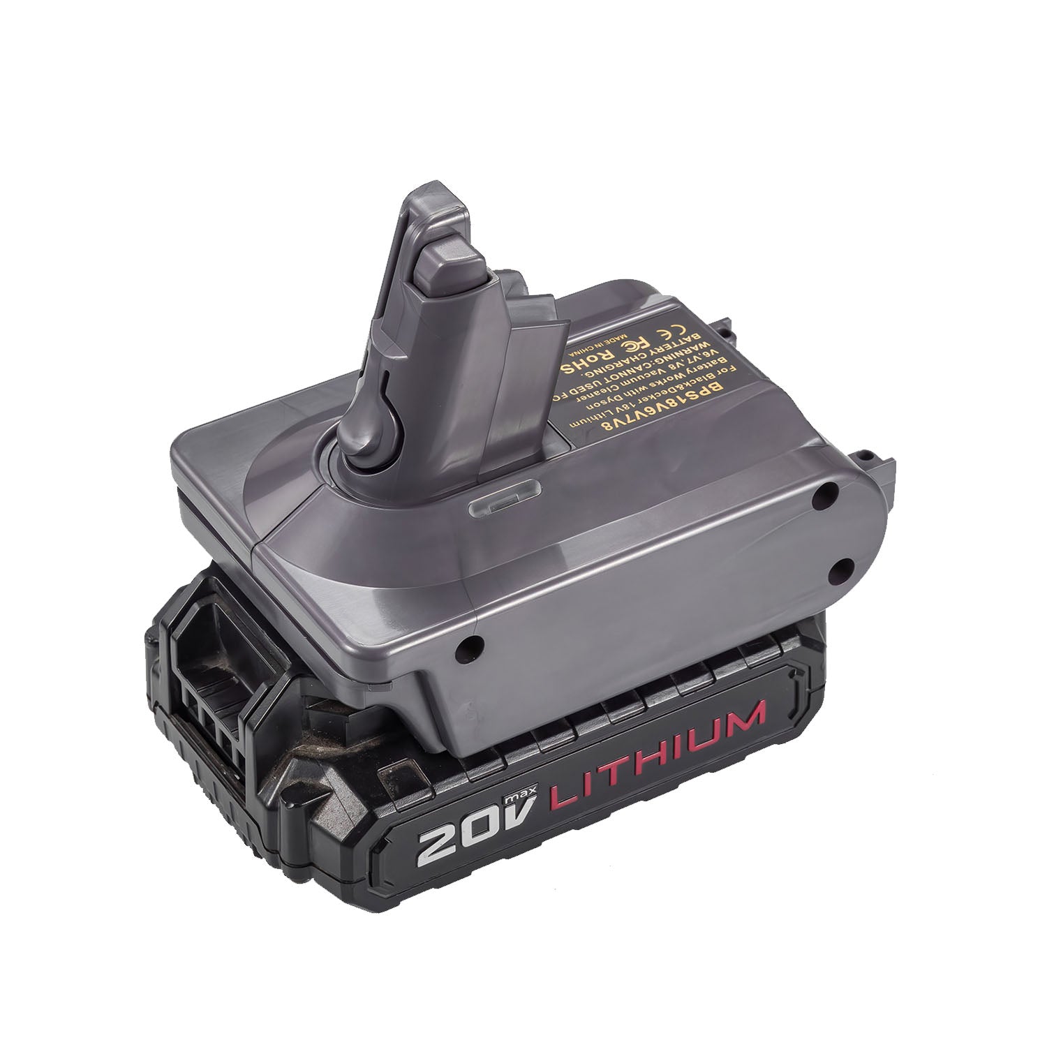 Porter Cable 20V to Dyson V8 battery adapter - fitted to the Porter Cable 20V battery, Dyson tool-side stem upward