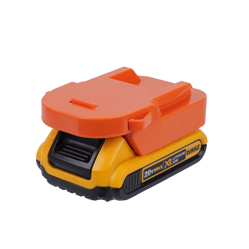 DeWalt 20V MAX to AEG 18V battery adapter - fitted to the DeWalt 20V MAX battery, tool-side face and latch upward