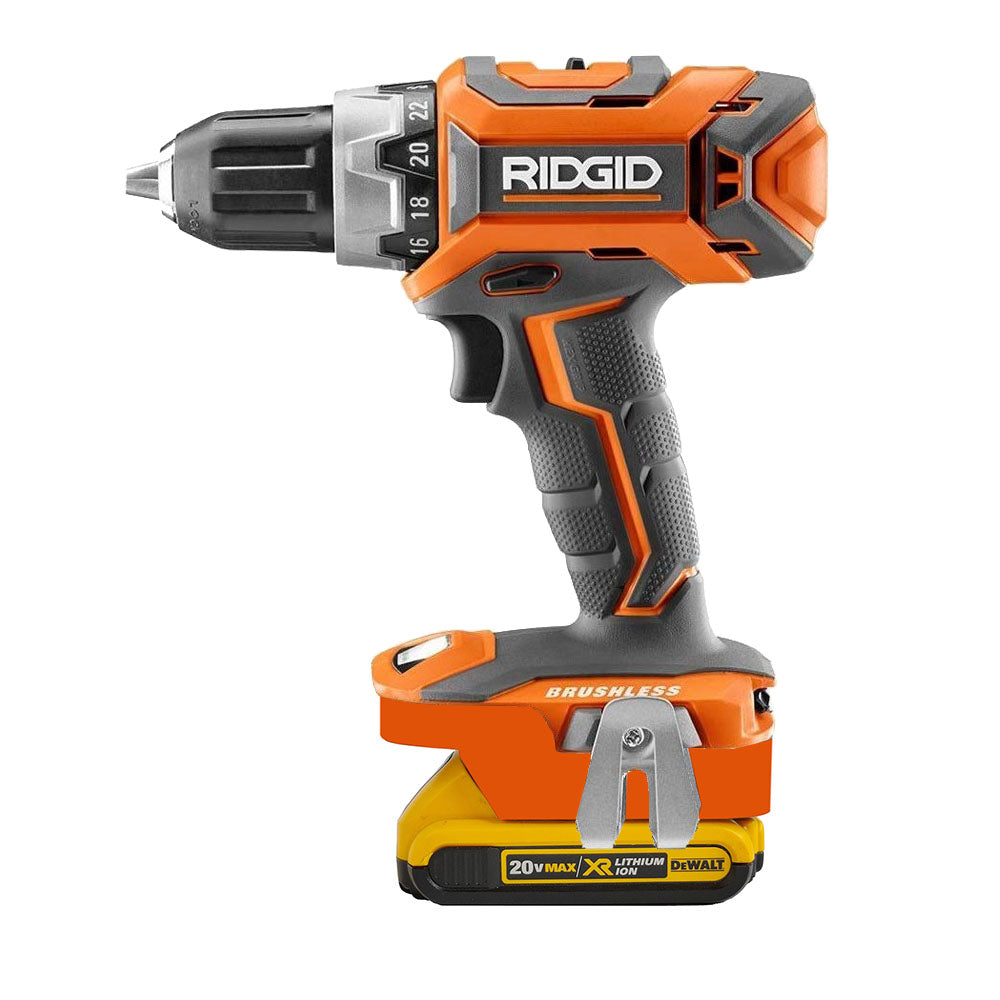DeWalt 20V MAX to AEG 18V battery adapter - installed on a drill driver with the battery beneath